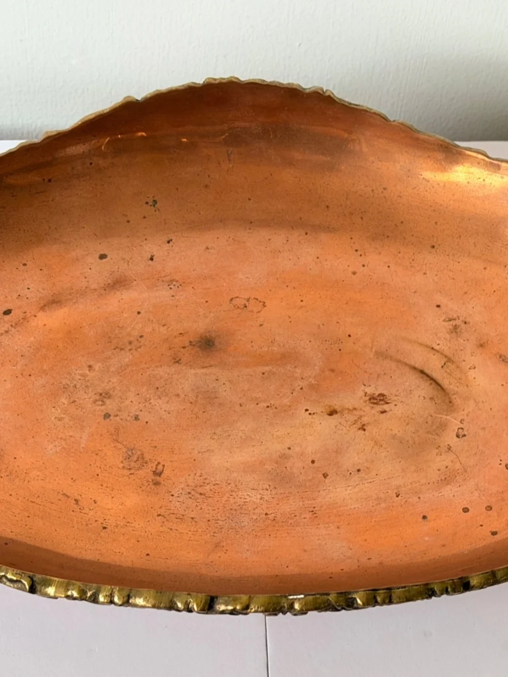 Vintage Copper and Brass Footed Tray Bowl Bird Handles Possibly made in Mexico
